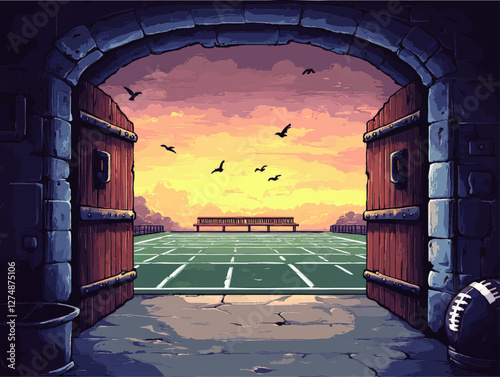 Captivating Vector Art of Castle Gate Viewing Tennis Court at Sunset with Birds in Flight - Perfect for Sports, Architecture, and Nature Inspirations