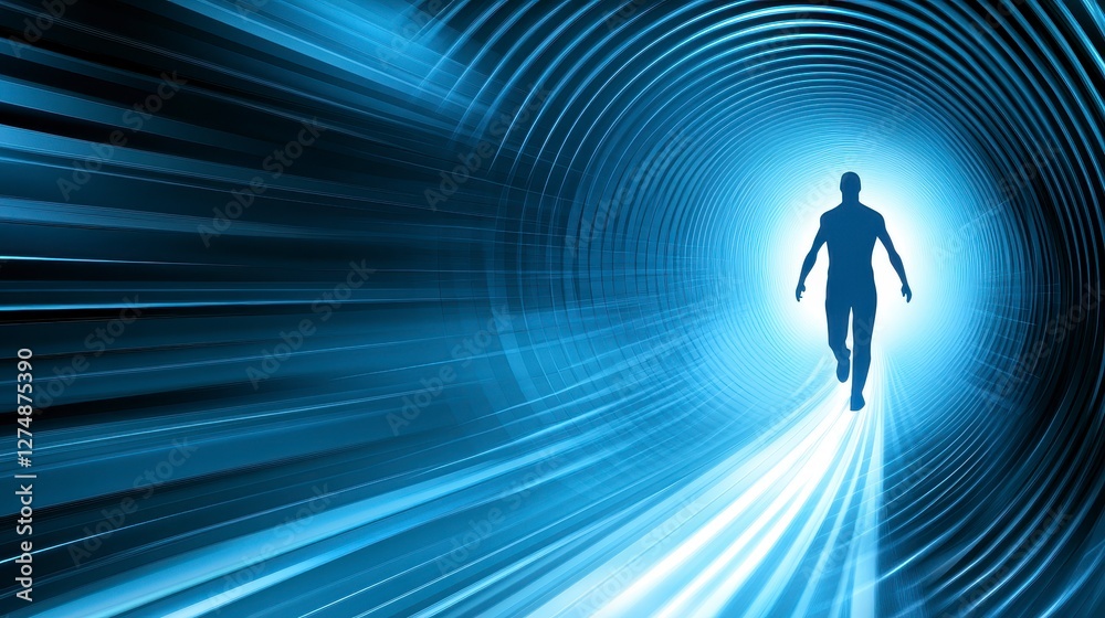 Person Running Towards Bright Light in Dynamic Tunnel Space Person Running Towards Bright Light in Dynamic Tunnel Space