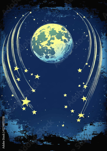 Enchanting Vector Illustration of a Starry Night Sky with Glowing Earth and Shooting Stars - Perfect for Cosmic Art, Space Themes, and Digital Design Inspiration