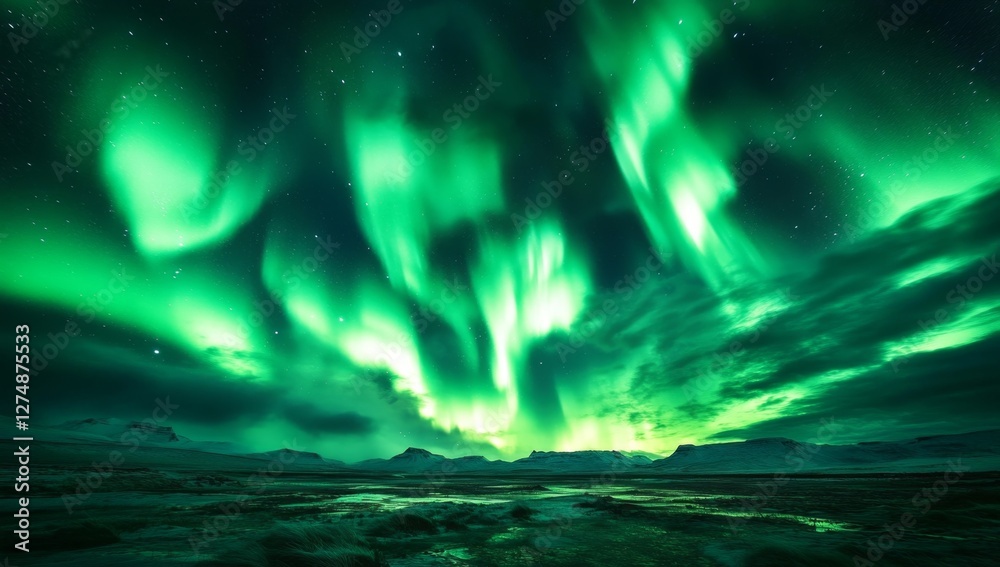 Iceland Aurora Borealis night sky landscape Iceland Aurora Borealis night sky landscape