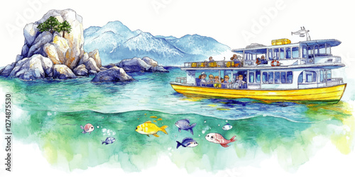 Scenic Cruise Adventure on Tranquil Waters: Explore Majestic Mountains and Vibrant Marine Life with Family Aboard a Yellow Tourist Boat in a Picturesque Vector Illustration