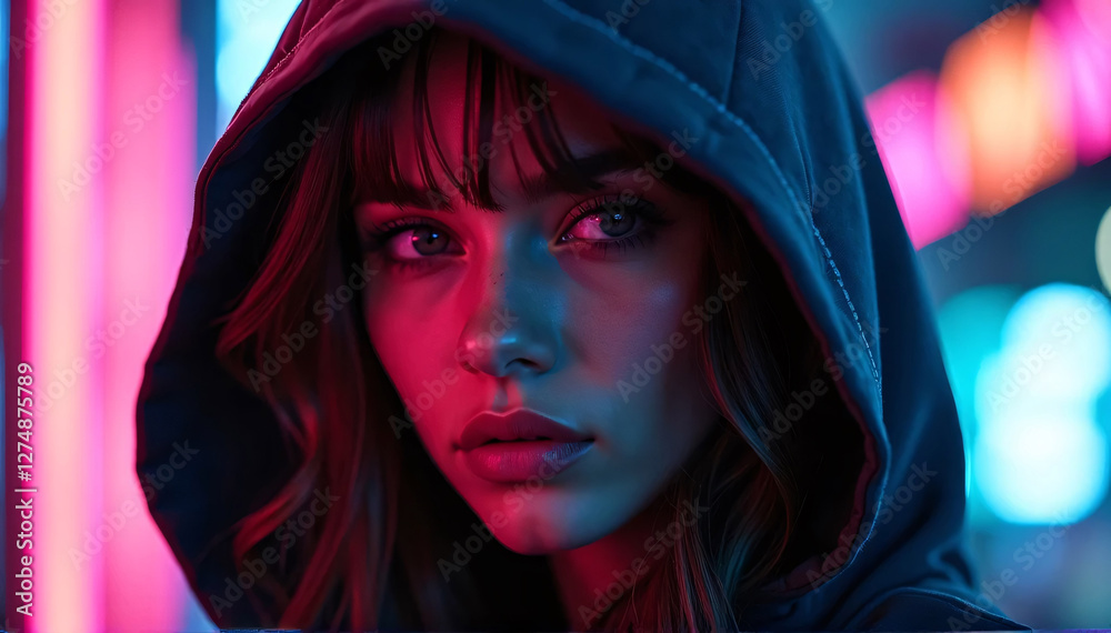 A young woman wearing a luminescent hooded jacket in this cyberpunk portrait, reflecting blue and purple lights against the damp city streets.
A young woman wearing a luminescent hooded jacket in this cyberpunk portrait, reflecting blue and purple lights against the damp city streets.