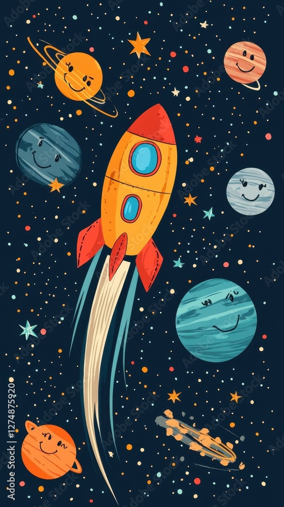 Whimsical cartoon space scene with rocket planets and stars Whimsical cartoon space scene with rocket planets and stars