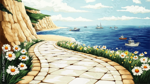Scenic Coastal Pathway with Vibrant Wildflowers, Cliffs, and Boats on a Clear Blue Ocean Vector Illustration - Perfect for Nature and Seaside Design Themes
