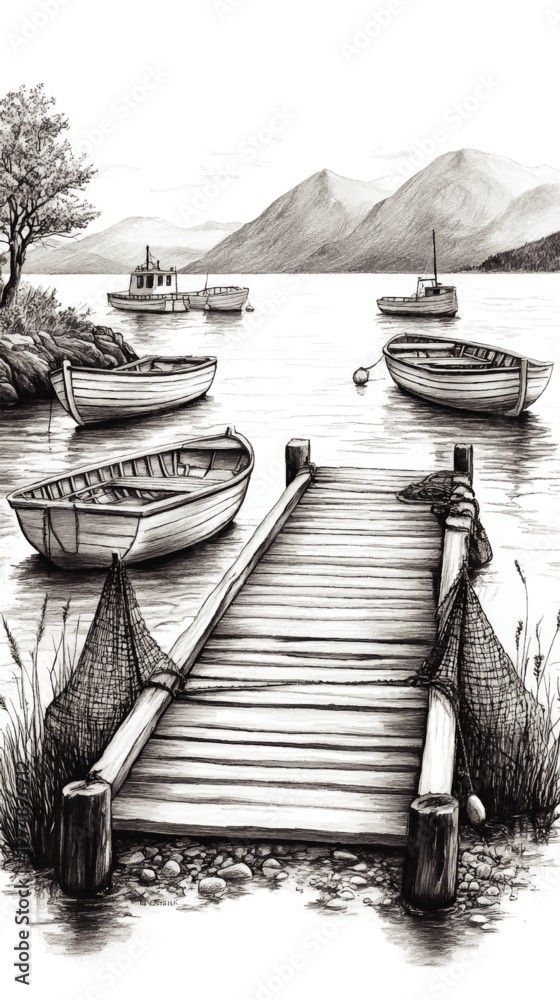 Serene Lake Landscape Vector Art with Boats and Pier in Black and White - Scenic Mountain Background, Tranquil Waterside Drawing Ideal for Decor and Design