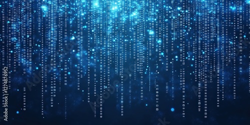 Flowing streams of falling digital data in a dark blue futuristic matrix setting, used for backgrounds