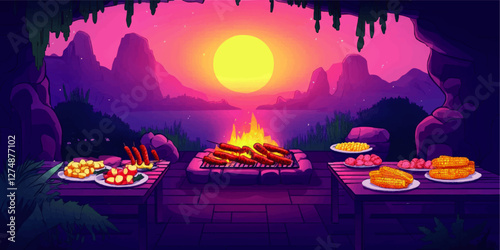 Enchanting Sunset Barbecue Vector: Grilled Sausages, Corn, Potatoes by Lakeside - Vibrant Cave Landscape with Mountains, Fire Pit, and Serene Nature Scenery