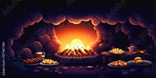 Cave Barbecue Feast Vector: Skewered Meat Grilling Over Stone Firepit, Gourmet Platters of Corn, Sausages, Bread, Vegetables Under Night Sky for Rustic Camping