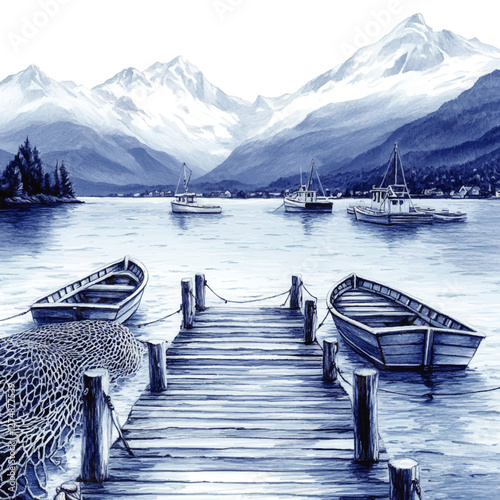 Serene Lakeside Jetty with Fishing Boats and Snow-Capped Mountains in Tranquil Vector Artwork for Nautical and Nature Themes in Blue Tone