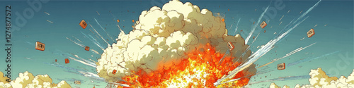 Explosive Vector Art of Dramatic Cloud Burst with Debris Flying Amidst a Clear Blue Sky Capturing Intense Energy and Dynamic Motion in Surreal Scene