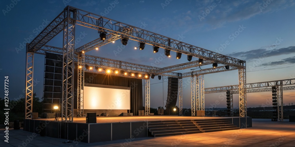 Outdoor stage set for a musical performance during sunset with lighting ready for evening entertainment