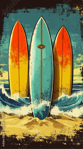Vibrant Retro Surfboards on Beach with Ocean Waves - Vintage Surf Art Illustration for Beach Decor, Surf Culture, and Summer Adventure Inspiration