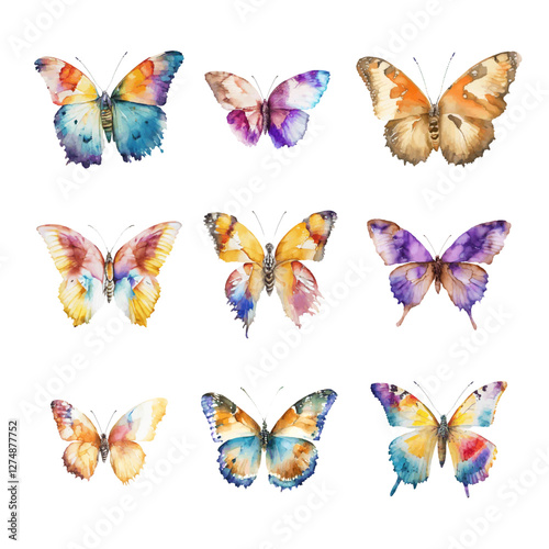 set of watercolor bright tropical butterflies on white background. Vector illustration. Decorative print.