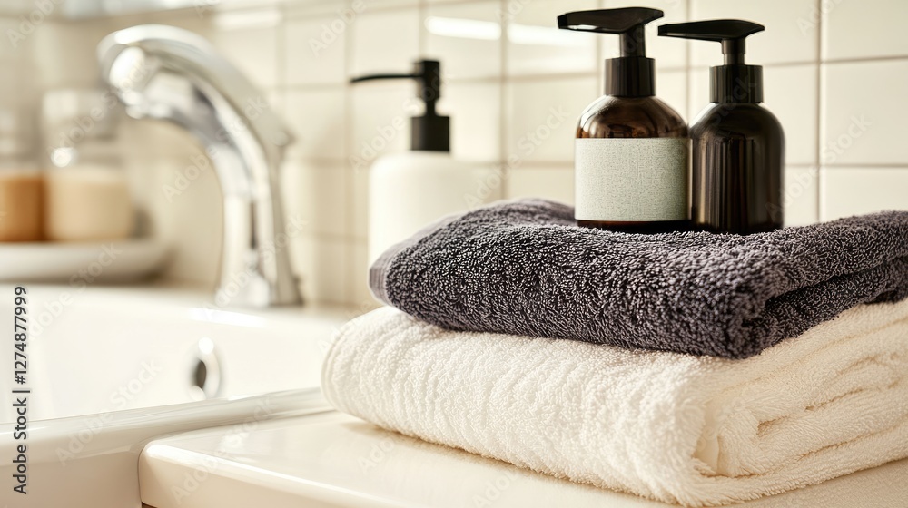 A luxurious bathroom setting with a neatly arranged heat protection spray bottle