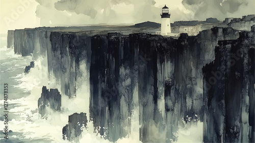 Dramatic Coastal Cliffs with Majestic Lighthouse Art - Vector Ocean Waves and Stormy Skies Background for Nautical Adventure and Seaside Serenity