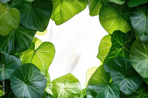organic arrangement of fresh green leaves forming circular frame with soft shadows and natural lighting
