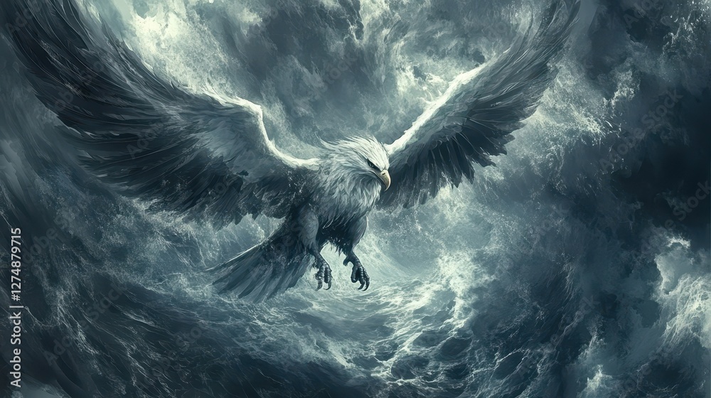 Fototapeta premium A majestic eagle soars above a turbulent sea scene
