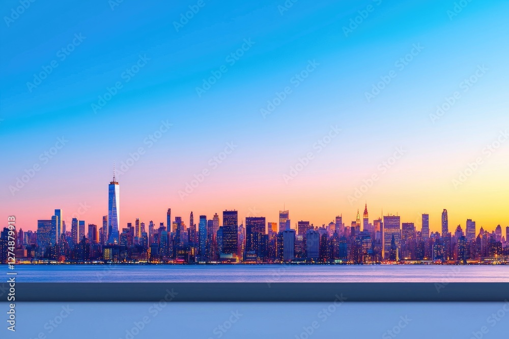 Naklejka premium Stunning panoramic view of a city skyline at sunset, showcasing skyscrapers and a tranquil waterfront.
