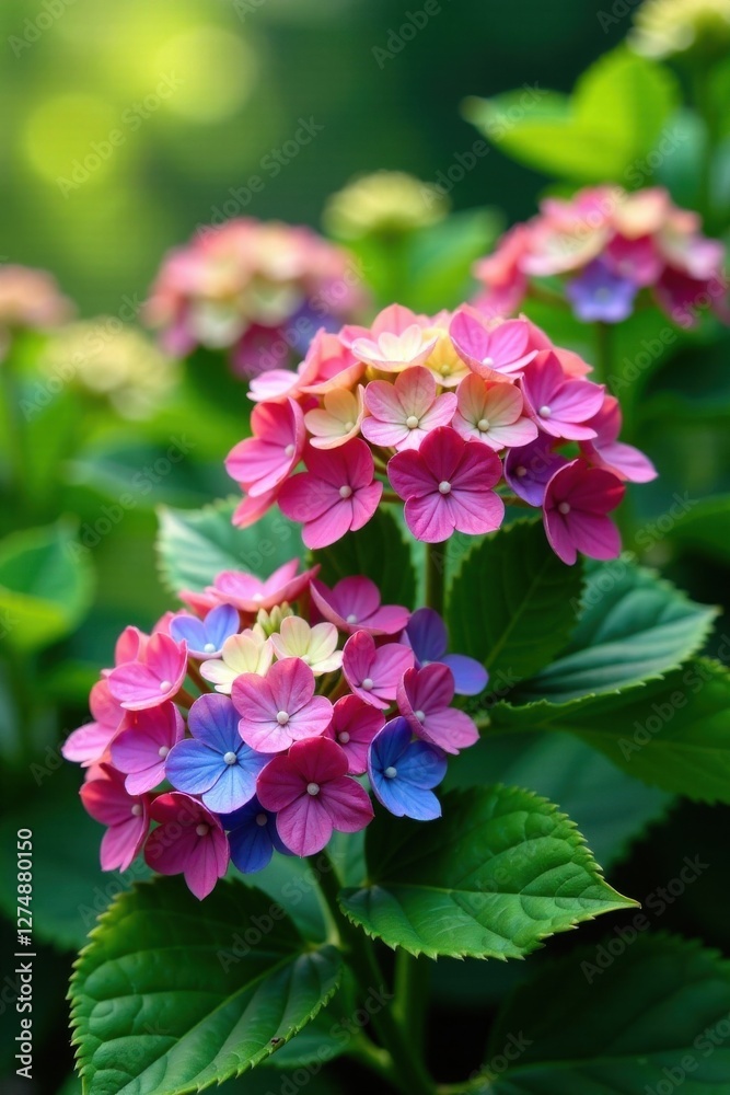 Vibrant hydrangea blooms in lush green garden , floral, blooming, flowers Vibrant hydrangea blooms in lush green garden , floral, blooming, flowers