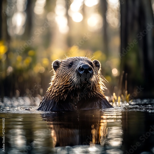 Forest Beaver in Sunlight Pond photo