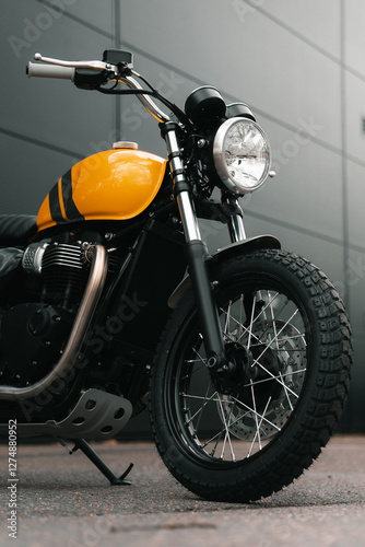 Retro motorcycle, yellow classic motorbike cafe racer scrambler style