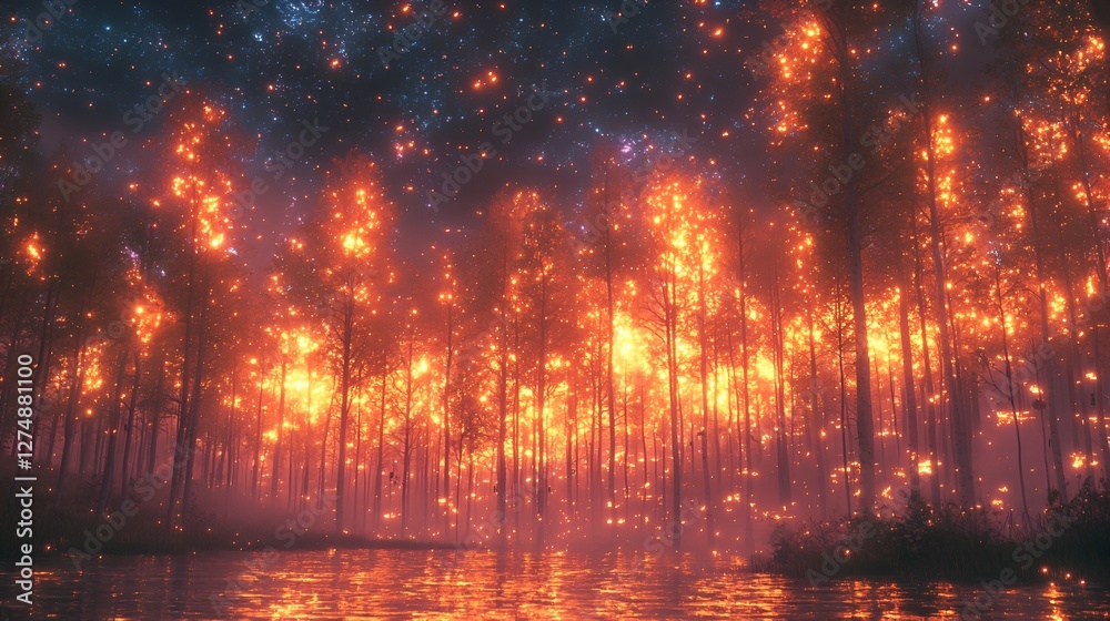 Fototapeta premium Forest fire at night by a lake