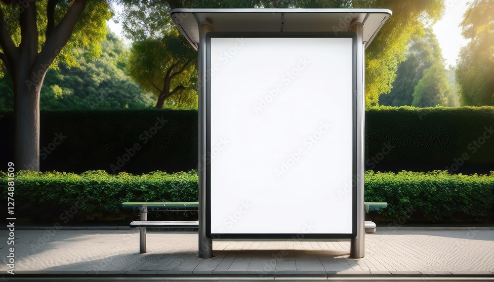 Blank Billboard Poster Mockups Illuminating an Empty Bus Stop Shelter Along a Main Road During Golden Hour, With Glimpses of Vivid Reflections and Minimalist Aesthetics on the Horizon.