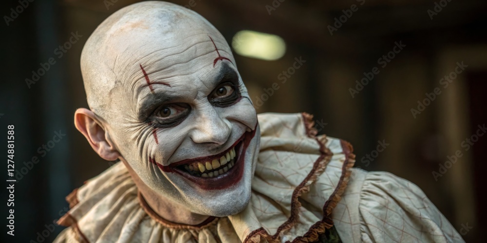 Creepy clown entertains guests with eerie grin at nighttime carnival event