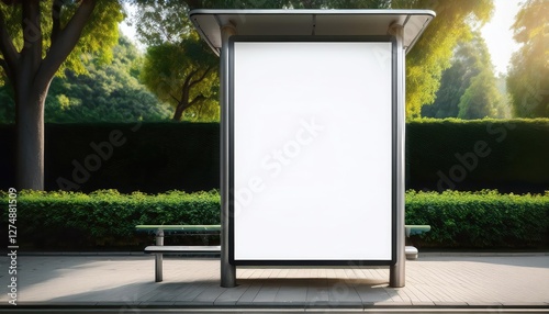 Obraz na płótnie Blank Billboard Poster Mockups Illuminating an Empty Bus Stop Shelter Along a Main Road During Golden Hour, With Glimpses of Vivid Reflections and Minimalist Aesthetics on the Horizon. w salonie