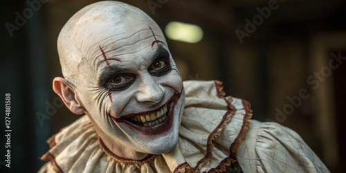 Obraz na płótnie Creepy clown entertains guests with eerie grin at nighttime carnival event w salonie
