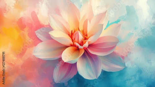 Painted dahlia flower with delicate petals on colorful background