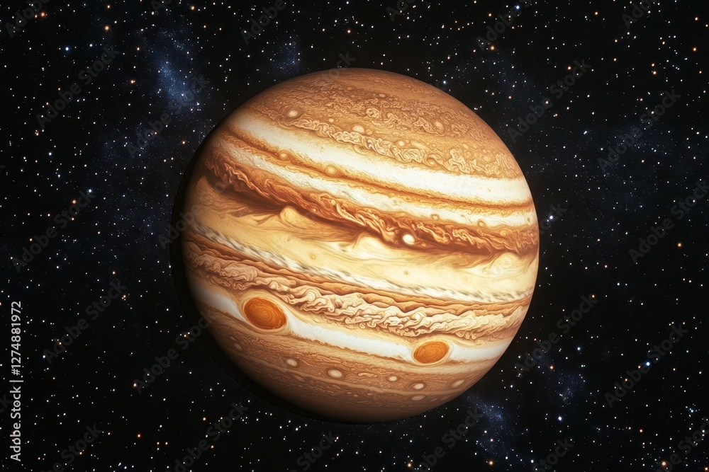 photorealistic gas giant planet with prominent ring system floating in starlit void, detailed surface storms and atmospheric bands photorealistic gas giant planet with prominent ring system floating in starlit void, detailed surface storms and atmospheric bands