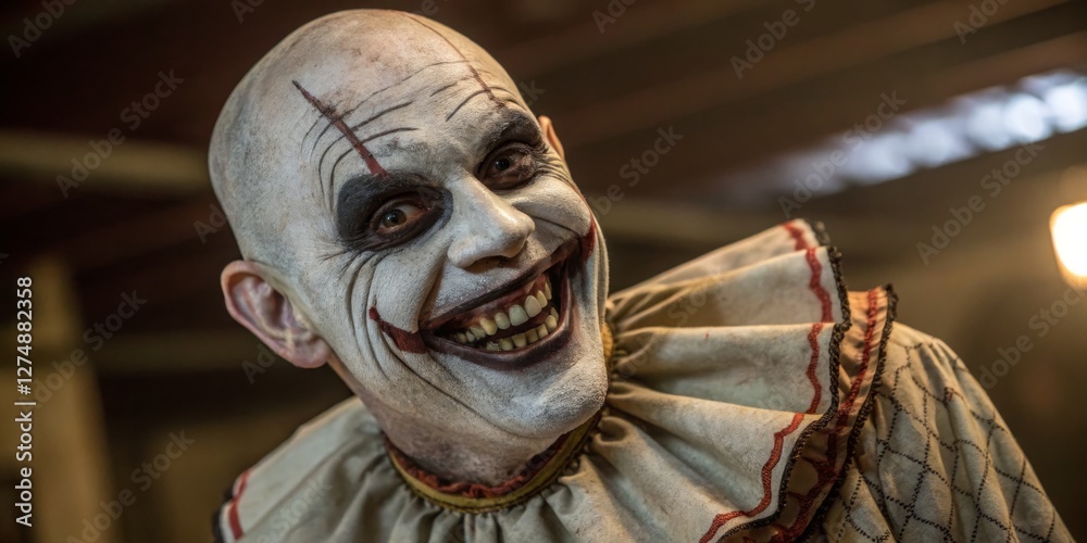 Creepy clown smiles menacingly in dimly lit room during spooky Halloween event