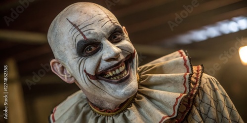 Obraz na płótnie Creepy clown smiles menacingly in dimly lit room during spooky Halloween event w salonie