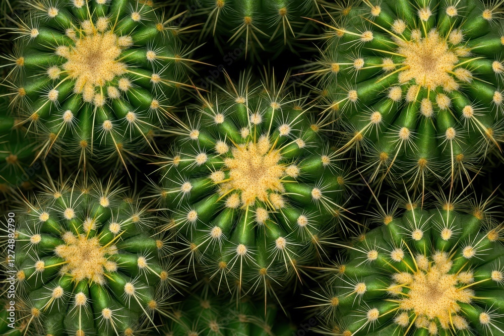 Close-Up View of Vibrant Green Cacti with Spiky Yellow Spines in a Natural Desert Setting Close-Up View of Vibrant Green Cacti with Spiky Yellow Spines in a Natural Desert Setting