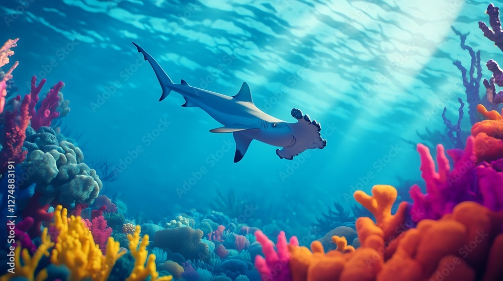 Obraz premium A graceful hammerhead shark gliding smoothly through vibrant coral reefs illuminated by dappled sunlight seeping through clear blue ocean waters