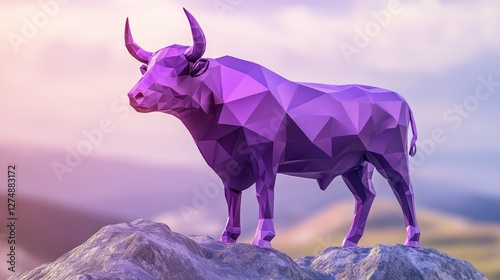 Purple bull, mountaintop, sunset, low-poly, finance