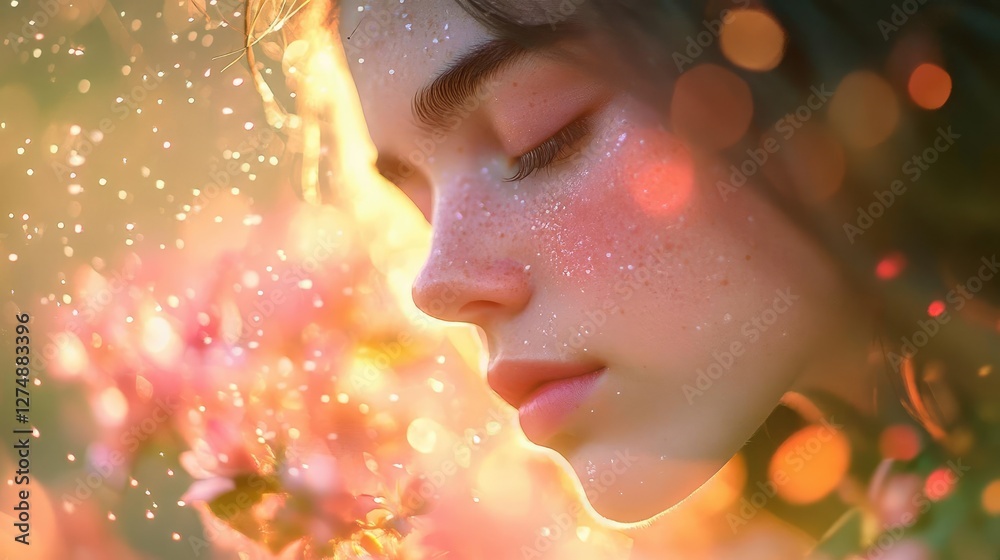 Fototapeta premium Enchanting Spring Nature Background with Fresh Blooming Flowers and Soft Sunlight in Garden Paradise