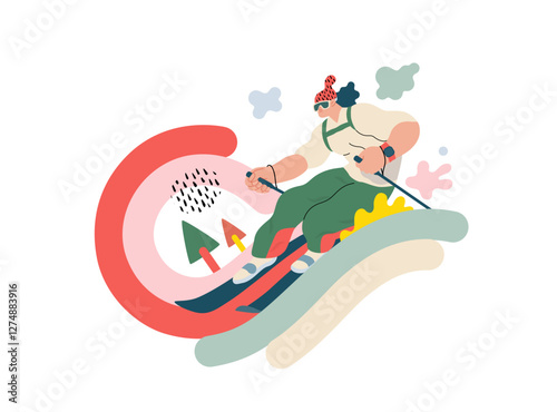 Life Unframed: Skier -modern flat vector concept illustration of skier races down slope of rainbow. A metaphor of unpredictability, imagination, whimsy, cycle of existence, play, growth and discovery