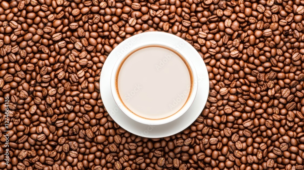 Creamy Coffee in White Cup on Roasted Beans Creamy Coffee in White Cup on Roasted Beans