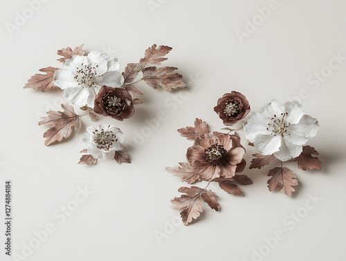 Two arrangements of handcrafted paper flowers and stylized leaves in soft white and muted brown tones.