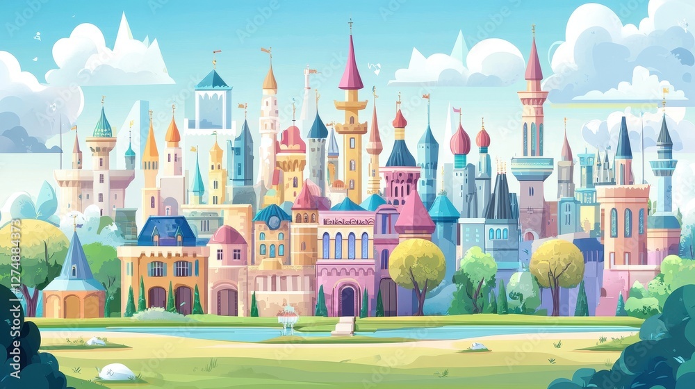Fototapeta premium Colorful cartoon castle skyline sits on a grassy landscape