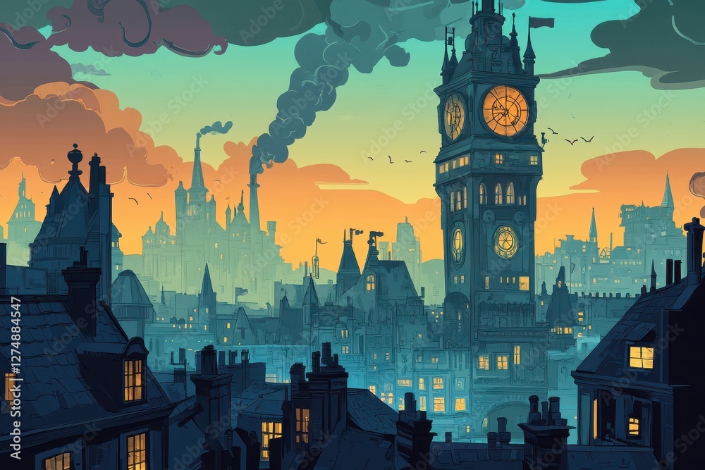 Stylized cityscape at sunset with a prominent clock tower Stylized cityscape at sunset with a prominent clock tower