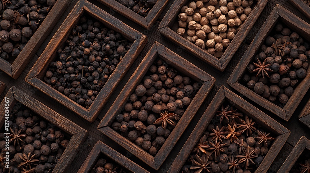 Wooden boxes filled with assorted spices create patterned layout Wooden boxes filled with assorted spices create patterned layout