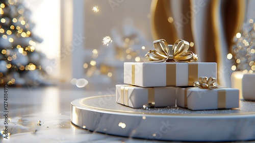 Stacked christmas gifts with gold ribbons on marble platform