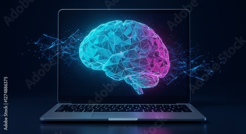A glowing digital brain hologram depicted on a laptop screen, symbolizing artificial intelligence, innovation, and futuristic technology applied to computational systems and modern devices. 