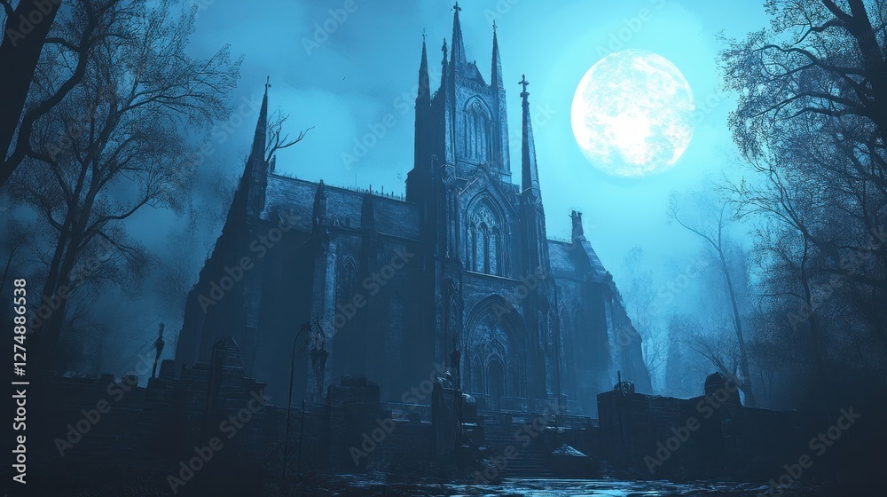 Obraz premium A spooky gothic cathedral stands bathed in the moonlight