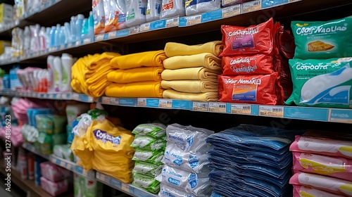 Grocery store shelves filled with cleaning cloths and supplies