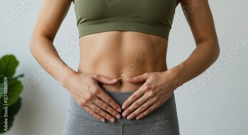 Fitness-focused woman touching her abdominal area, dressed in activewear, representing health and wellness. Encourages a positive lifestyle, healthy living, and body awareness