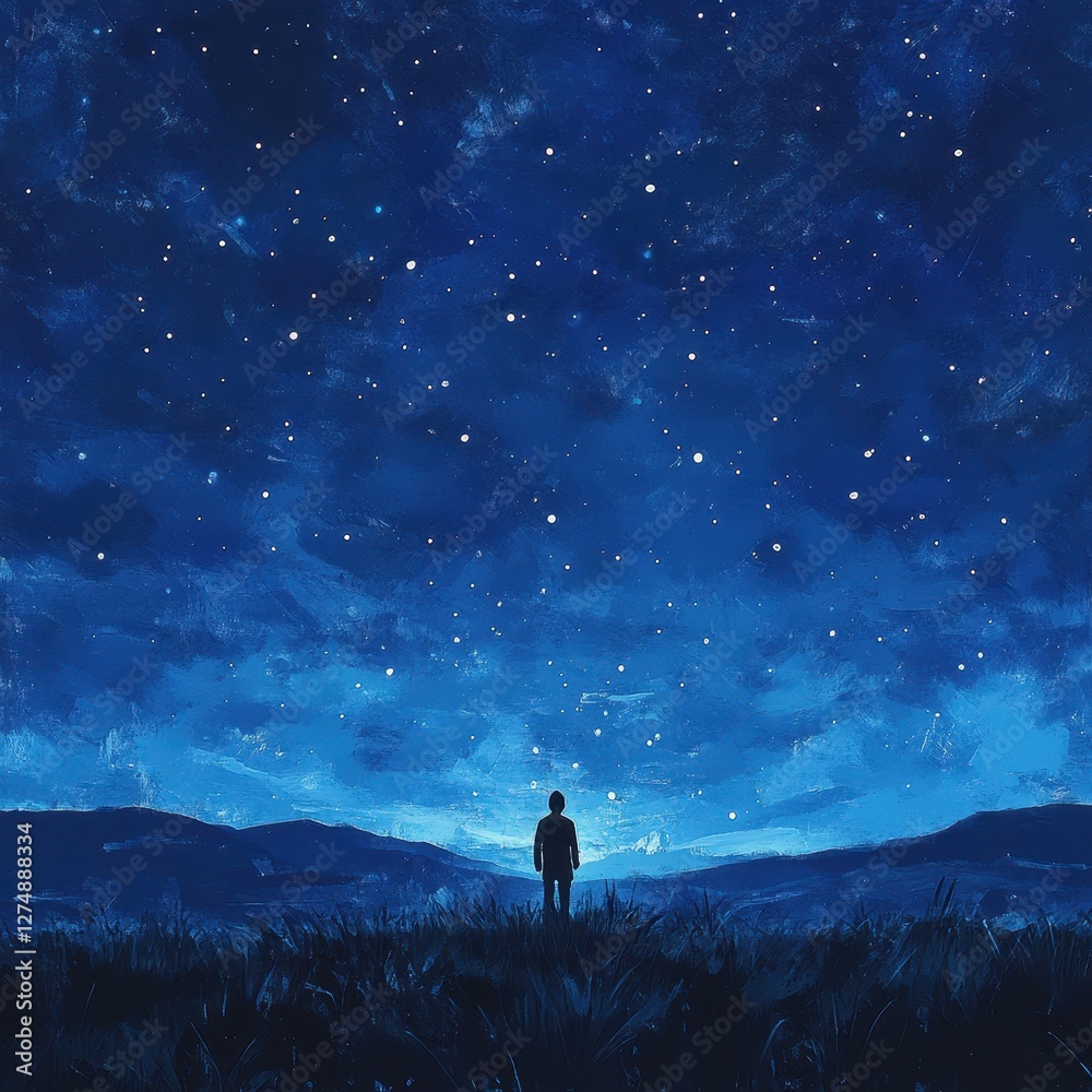 Lone figure gazes at a vast starlit night sky Lone figure gazes at a vast starlit night sky